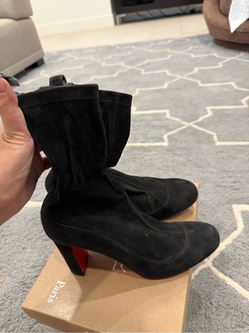 Christian Louboutin Black Suede Mid-Calf Red Sole Heeled Boots